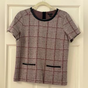 Ann Taylor Plaid Leather Trimmed T-Shirt